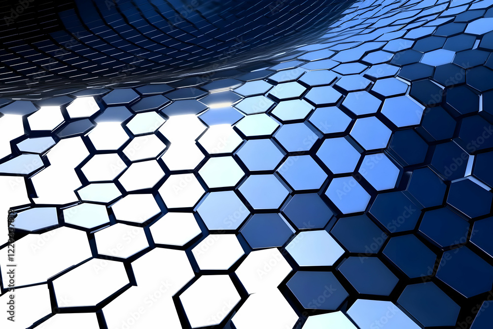 Poster 3d abstract blue and white hexagon pattern forms a wavy surface dynamically