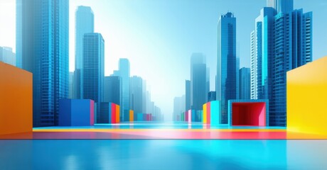 Futuristic exhibition space with panoramic city skyline view. Vibrant geometric interior with bold contrasts, modern architecture, and illuminated glass reflections