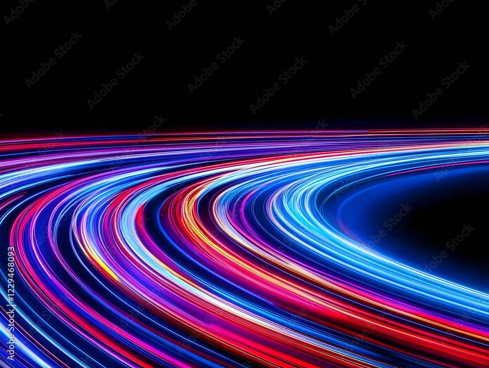 Poster vivid neon light trails curve dynamically across a dark background