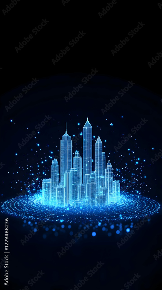 Poster glowing wireframe cityscape stands on a digital platform with sparkling particles