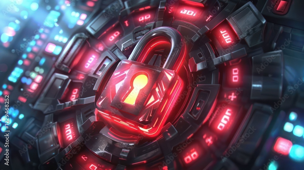 Poster futuristic digital lock symbolizing cybersecurity in a high-tech environment with glowing elements
