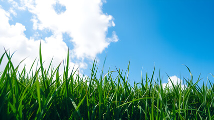 Obraz premium Green grass and blue sky with white clouds