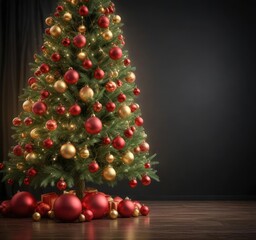 Decorated Christmas tree adorned with vibrant red and golden baubles against a dark background of twinkling lights, christmas tree, lights, winter