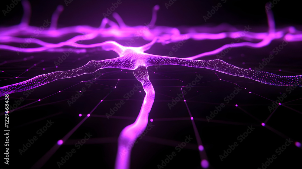 Poster abstract 3d purple neuron structure glows brightly on a dark background with interconnected nodes