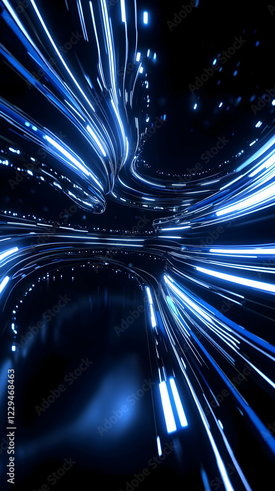 Poster abstract 3d blue light trails flow dynamically through dark space with energy and motion
