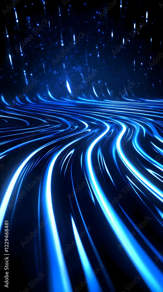 Poster abstract blue light trails flow across a dark background with sparkling particles