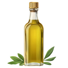 Glass bottle of olive oil with fresh green leaves on a white background