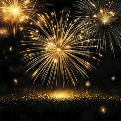 Golden fireworks burst in the night sky, filling the air with sparkling lights and a festive mood, AI generated
