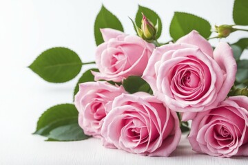 Obraz premium Close-up of pink roses with green leaves against a white background, highlighting their intricate beauty, AI generated