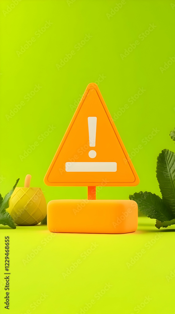 Poster 3d orange exclamation mark sign in triangle shape with green background and decorative elements