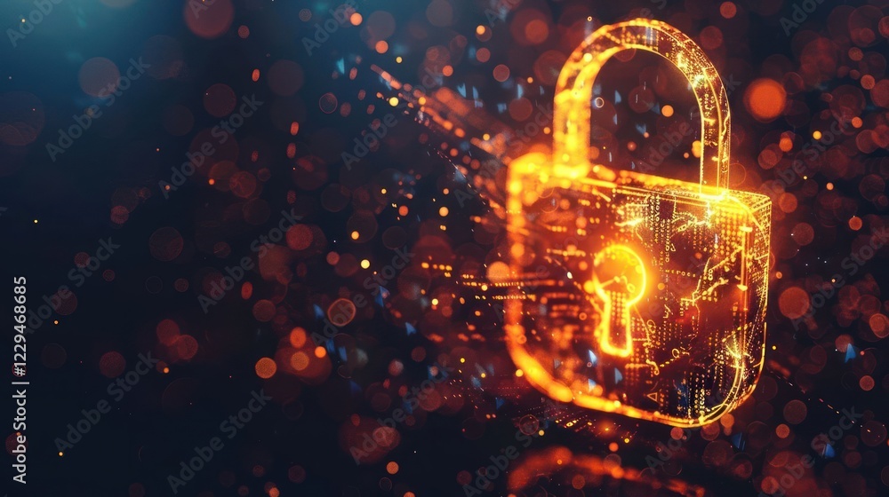 Poster digital lock symbolizing cybersecurity in a vibrant, abstract background with glowing particles