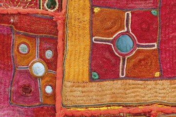 Traditional wall hanging from Rajasthan, detail view, with inlaid mirrors, Rajasthan, India, Asia