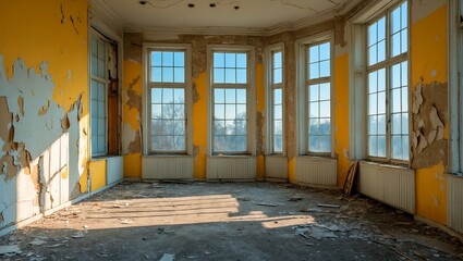 Fototapeta premium Abandoned sunlit room with peeling walls and windows