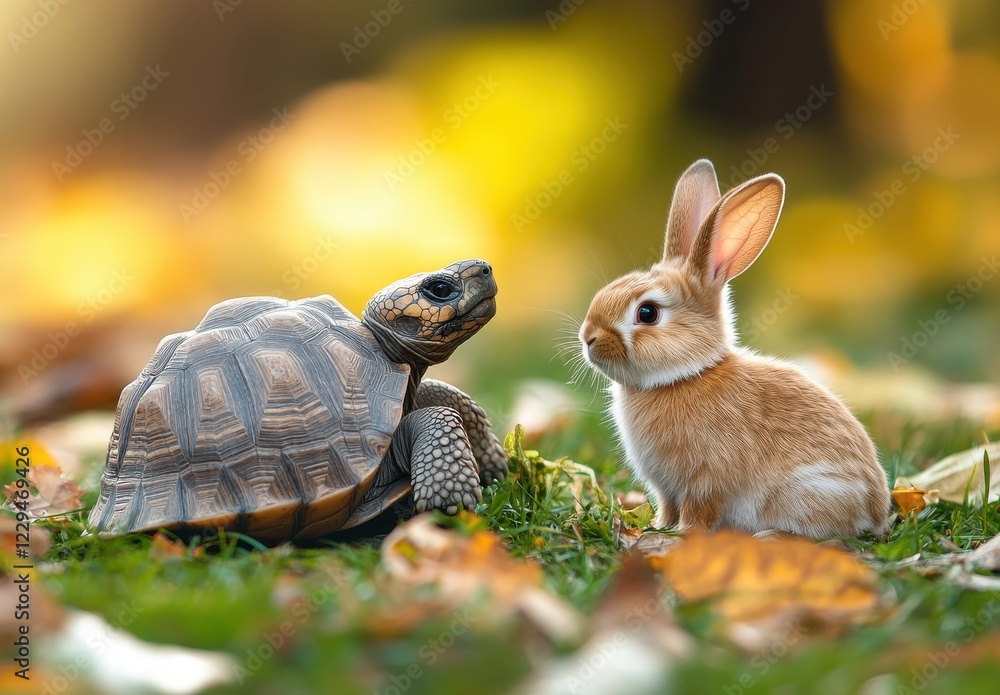 Aufkleber a close encounter between a tortoise and a rabbit in a sunlit autumn scene surrounded by colorful le