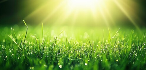 Obraz premium Sunlit Dew-Kissed Grass: Close-up of vibrant green grass blades glistening with morning dew, bathed in the warm golden light of the rising sun. A refreshing and serene nature scene. 