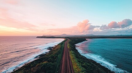 Fototapeta premium A breathtaking aerial view of a coastal road winding along the ocean, with a colorful sunset illuminating the sky.