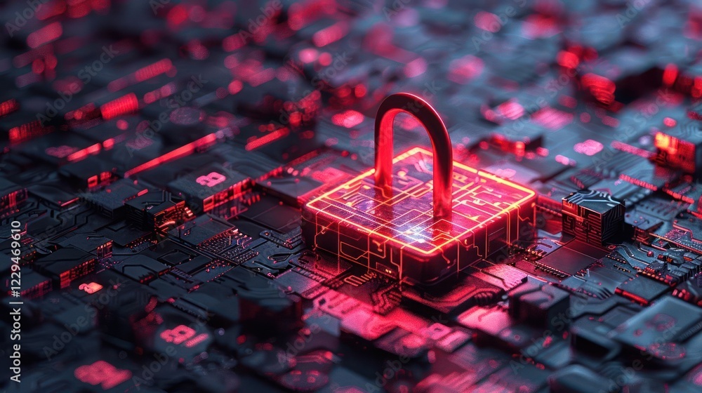Poster digital lock symbolizing cybersecurity on a circuit board backdrop with glowing elements