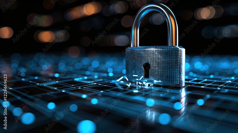 Poster a digital padlock securing a network of glowing data connections in a cyber environment