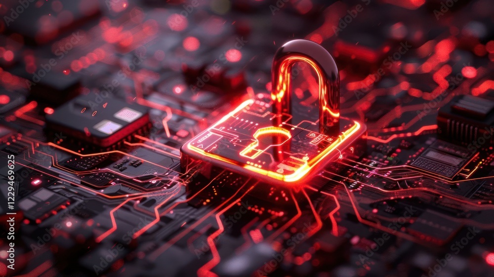 Poster futuristic digital lock on circuit board symbolizing cybersecurity in a tech environment