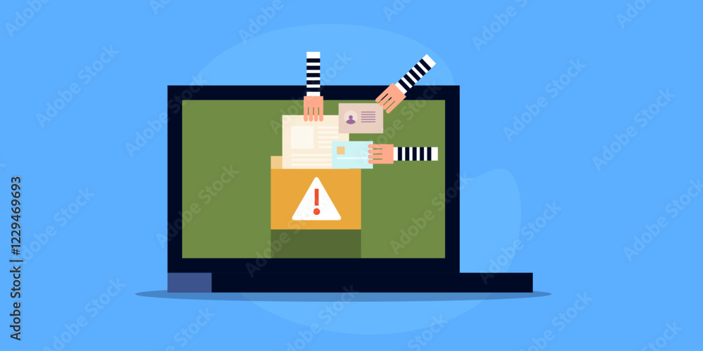 Poster data theft concept. cyber hacker stealing information from laptop file, warning alert on screen. vec