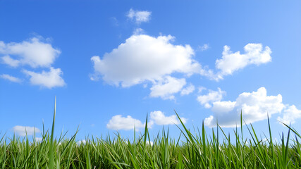 Fototapeta premium Green grass and blue sky with white clouds