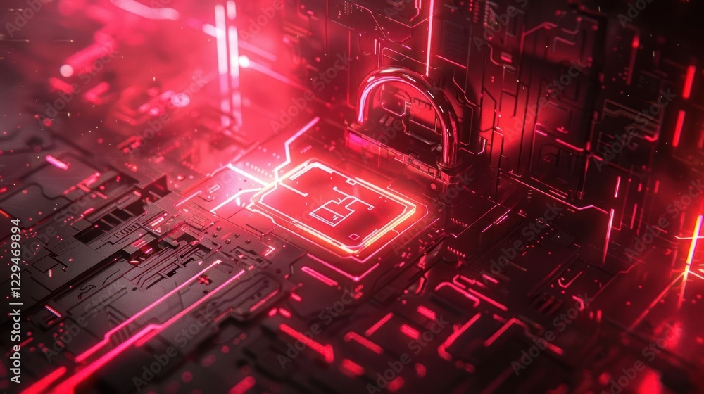 Poster futuristic circuit board with glowing red elements and intricate patterns in a digital landscape
