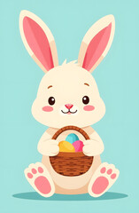 Fototapeta premium Cute Easter bunny sitting with a basket of colored eggs. Easter card, illustration.