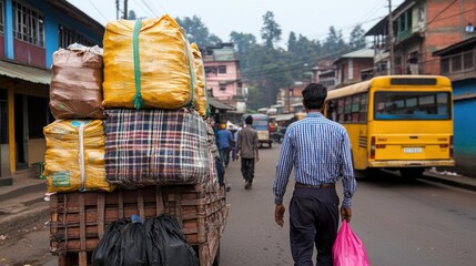 Obraz premium A bustling street scene featuring a man walking past a cart loaded with colorful packages and busy urban life in the background.