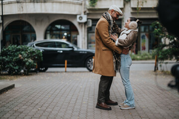 A joyous couple shares an affectionate moment outdoors in winter attire. The urban setting adds to the atmosphere, capturing love, warmth, and happiness as they enjoy each others company.