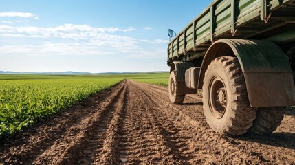 Obraz premium A close-up view of a truck on a dirt road, surrounded by lush green fields, representing agricultural transport.