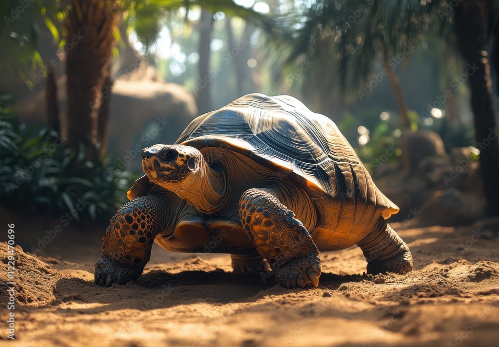 Poster a giant tortoise crawling through a lush green jungle with soft sunlight filtering through the leave