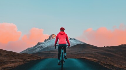 A cyclist rides along a scenic road, surrounded by majestic mountains and a vibrant sky at sunset, embodying freedom and adventure.