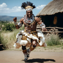 African Zulu Tribe Member Performing A Traditional Tribal Dance 