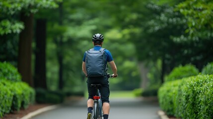 A cyclist rides down a serene pathway surrounded by lush greenery, embracing the tranquility of nature during a leisurely ride.