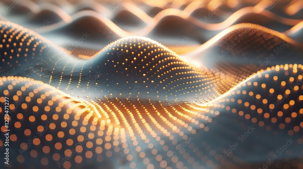 Poster abstract waves of glowing dots create a mesmerizing digital landscape with depth and movement