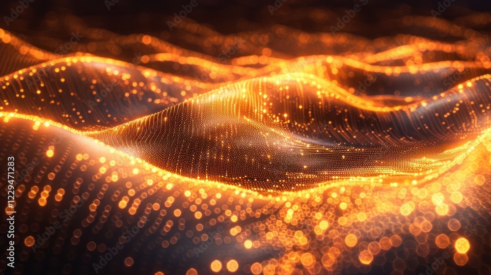 Poster abstract representation of glowing waves with shimmering particles in a dark background