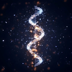 Obraz premium Glowing DNA Strand Spirals Elegantly against Dark Background with Sparkling Particles