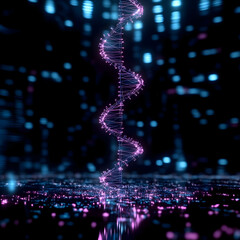 Obraz premium Glowing Purple DNA Double Helix Structure Floats with Blurry Background Reflects Beautifully