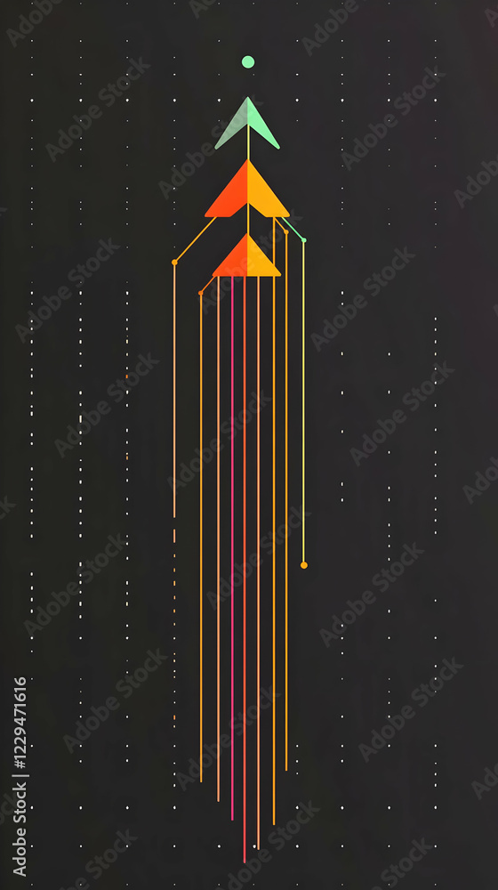 Poster abstract geometric design forms a stylized tree with colorful lines and dots on a dark background