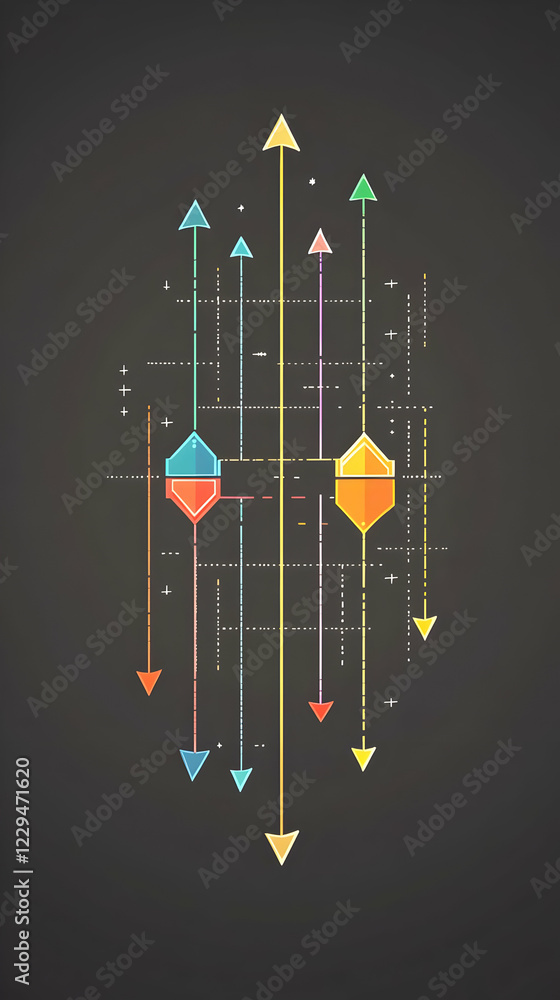 Poster colorful arrows pointing up and down, interconnected with lines and plus symbols on a dark backgroun