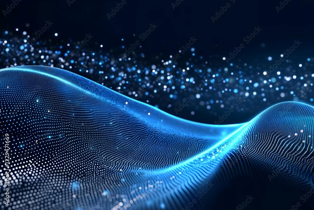 Aufkleber abstract blue wave flows smoothly with sparkling particles on a dark background.