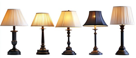 Five lit table lamps isolated on white, home decor