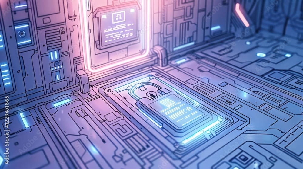 Poster futuristic technology interface with glowing circuits and microchips in a digital environment