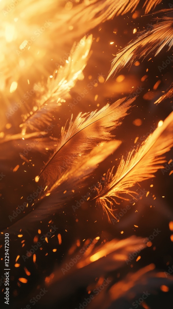 Poster close-up of golden feathers illuminated by warm light, surrounded by sparkling particles, creating a
