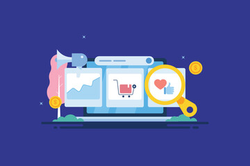 Social media campaign, ecommerce sales engagement and conversion analytics on laptop screen. E-business vector illustration.
