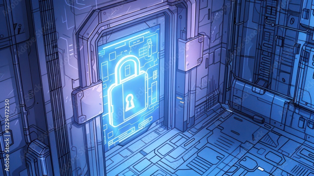 Poster futuristic digital door with a glowing lock symbol in a high-tech corridor setting