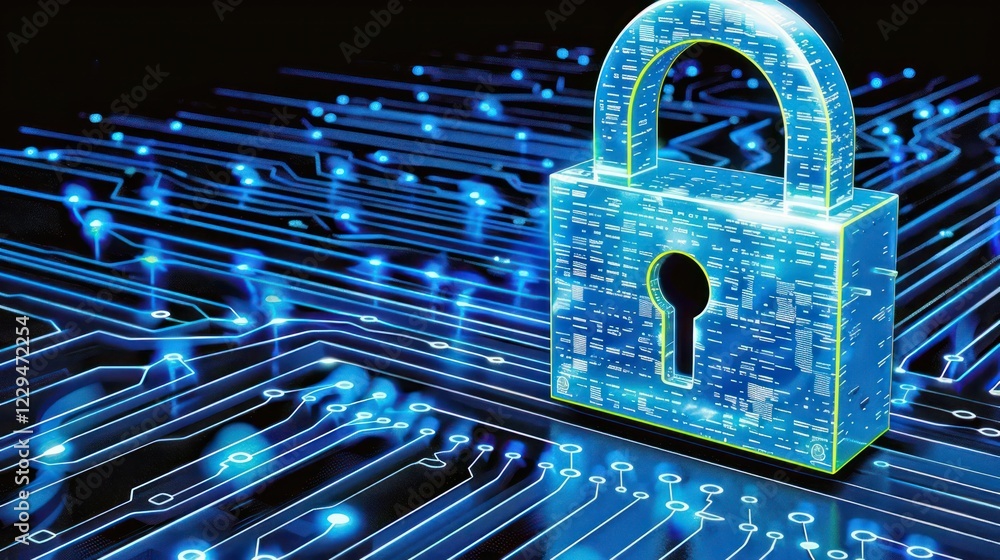 Poster digital padlock symbolizing cybersecurity on a circuit board background with glowing connections (1)