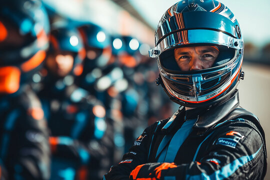 Professional racing team lineup in helmets and gear, showcasing unity and determination in motorsport, generative AI