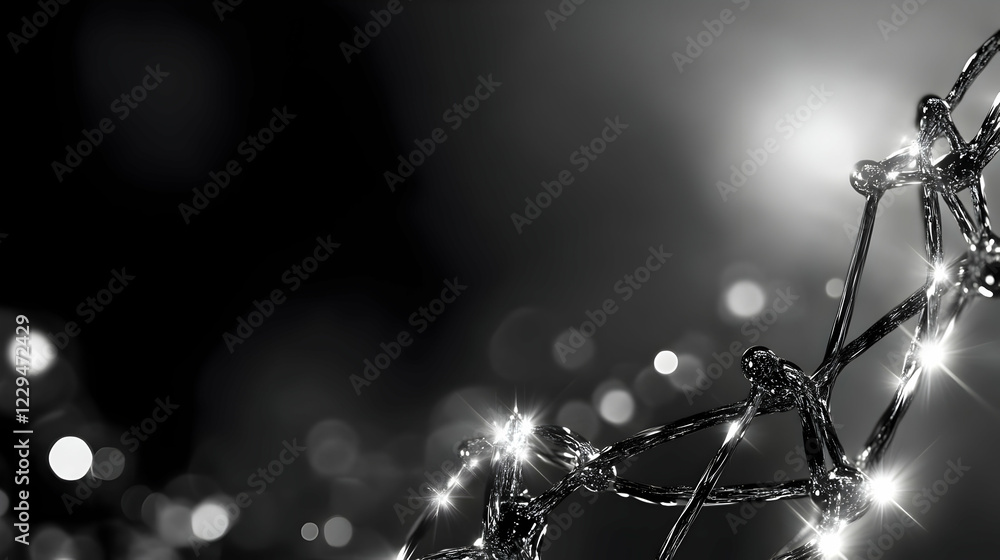 Poster abstract 3d render of shiny, interconnected structure with sparkling highlights on a dark background
