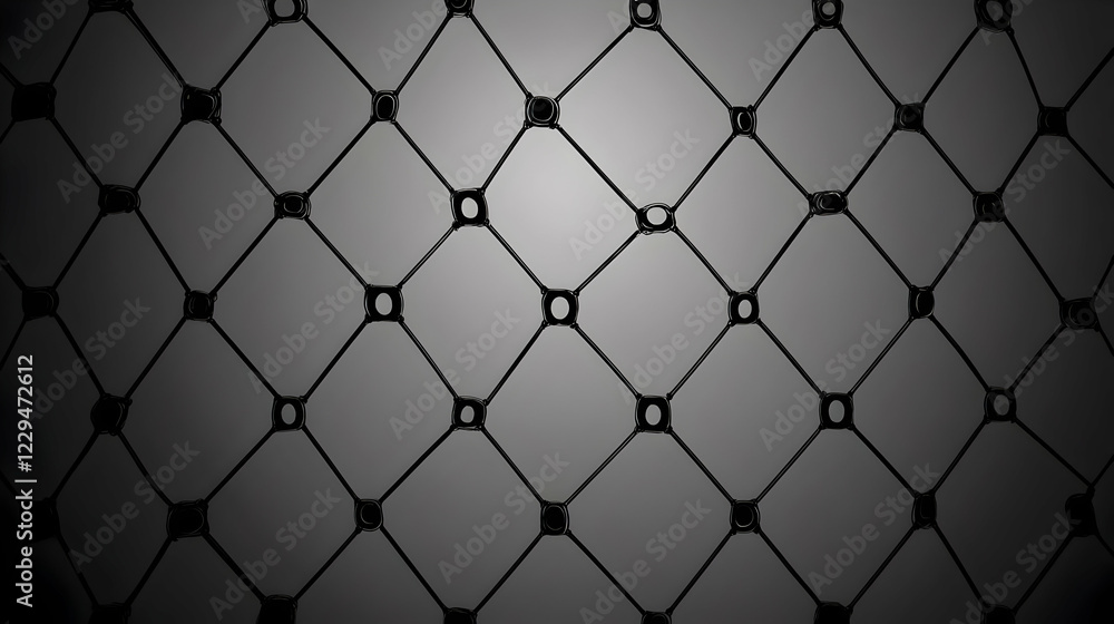 Poster abstract black mesh network pattern forms diamond shapes against a subtly lit gray background.